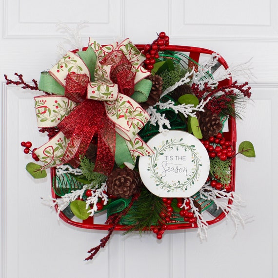decorating tobacco baskets for christmas This the Season Wreath, Christmas Basket Door Decor, Holiday Pinecone  Wreath, Red Green Winter Wreath, Tobacco Basket Christmas Wreath