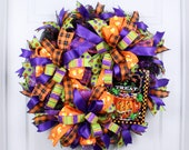 Halloween Candy Wreath, Trick or Treat Door Decor, Purple Orange Green Wreath, XL Whimsical Halloween Decoration, Candy Corn Halloween Decor