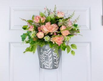 Spring Door Basket, Blush Peony Wall Decor, Summer Floral Arrangement, Farmhouse Door Pocket, Cottagecore Home Decor, Fall Door Basket