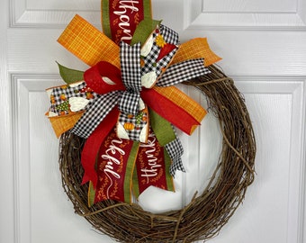 Thanksgiving Bow for Wreath, Fall Grapevine Bow, Pumpkin Ribbon Bow, Autumn Door Bow, Harvest Bow for Lantern or Swag, Rustic Autumn Bow