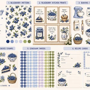 Può includere: Una collezione digitale intitolata Blueberry Kitchen che include un motivo a mirtilli, stampe da cucina con testo, adesivi da forno, timbri Procreate, carte a quadretti vichy e schede ricette. Le illustrazioni mostrano mirtilli, muffin e utensili.