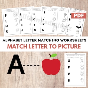Planilhas de aprendizagem de letras do alfabeto (7) | Combinar letra com imagem | Aprenda o alfabeto | Jardim de Infância | Elementar| Alfabetização|- Baixar PDF