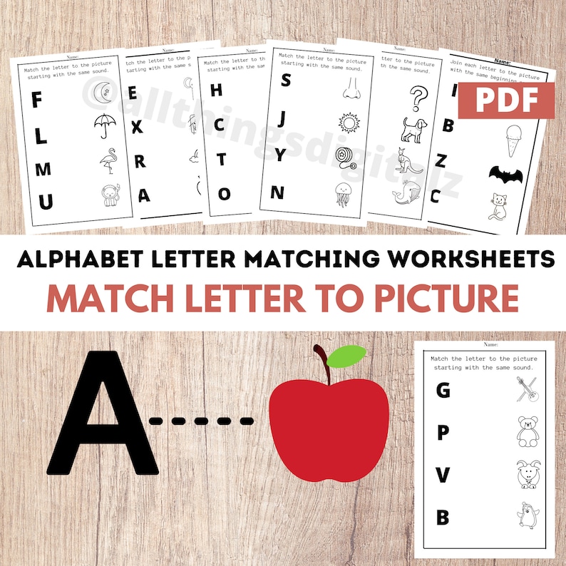 May include: Black and white alphabet letter matching worksheets for children. The worksheets feature a variety of images, such as a moon, an umbrella, a flamingo, a cloud, a sun, a nose, a question mark, a dog, a bat, an ice cream cone, and a cat. The worksheets are designed to help children learn the alphabet and match letters to corresponding pictures.