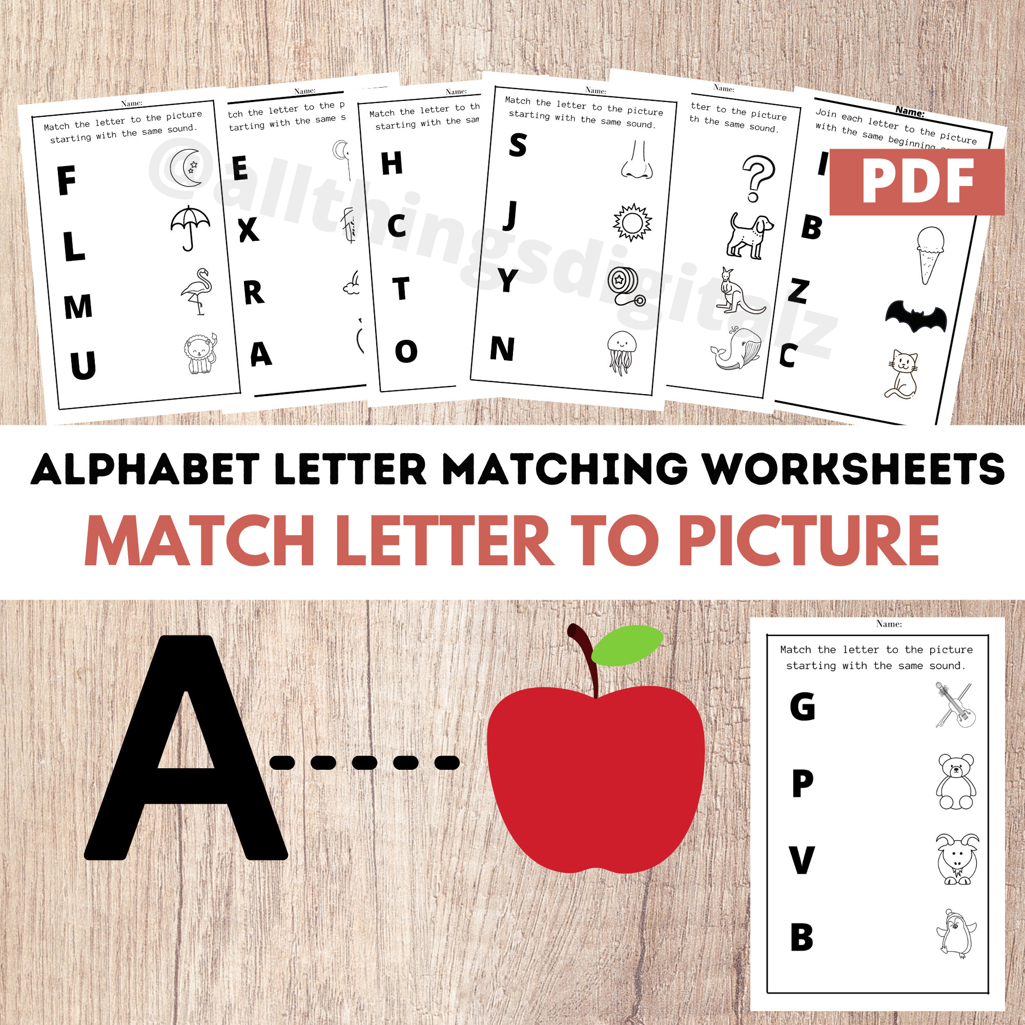 alphabet letter learning worksheet match letter to picture etsy