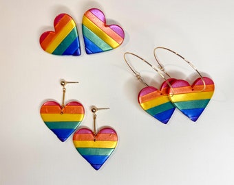 Rainbow Heart Earrings | Handmade Clay Earrings | Hoop | Stud | Drop | LGBTQ Pride Earrings