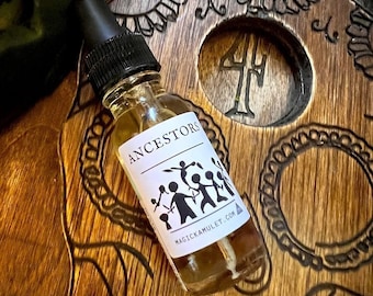 May include: A clear glass bottle with a black dropper top, labeled "Ancestors" with a graphic of silhouetted figures. The bottle sits on a carved wooden surface with decorative patterns and the number "4". The website address is "magickamulet.com".