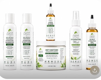 May include: A collection of Jaydek Naturals hair care products including Sea Moss & Fenugreek shampoo and conditioner, Hair Elixir, Deep Conditioner, Hydrating Mist, and Scalp Stimulating Oil, all in white bottles or jars with green and black text.