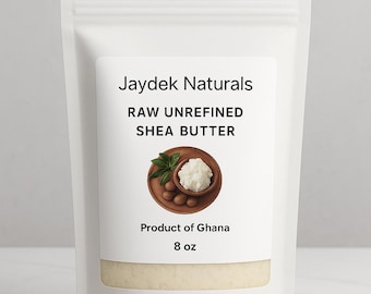 May include: A white stand-up pouch containing 8 oz of Jaydek Naturals raw unrefined shea butter. The label features the brand name, product name, a graphic of shea nuts and butter in a wooden bowl, and the text Product of Ghana.