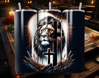 Christ the Lion of Judah Tumbler Design with Crucifix – Instant Digital Download