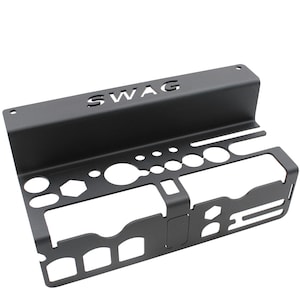 May include: Black metal tool organizer with cutouts for various tools and the word "SWAG" printed on the top.