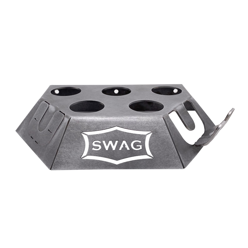 May include: A gray metal can holder with six circular cutouts and a hook on the side. The holder has the word "SWAG" printed on the front.