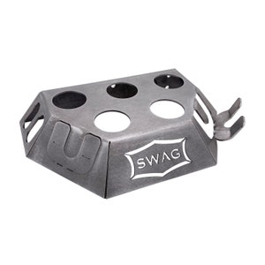 May include: A metal can holder with five circular cutouts and a "SWAG" logo. The holder has a U-shaped handle on the side and a hook on the top.