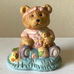 Vintage Hand Painted Ceramic Girl Bear Figurine  - Pastel Nursery Decor - Vintage Baby Shower Gift - Ceramic Teddy Bear