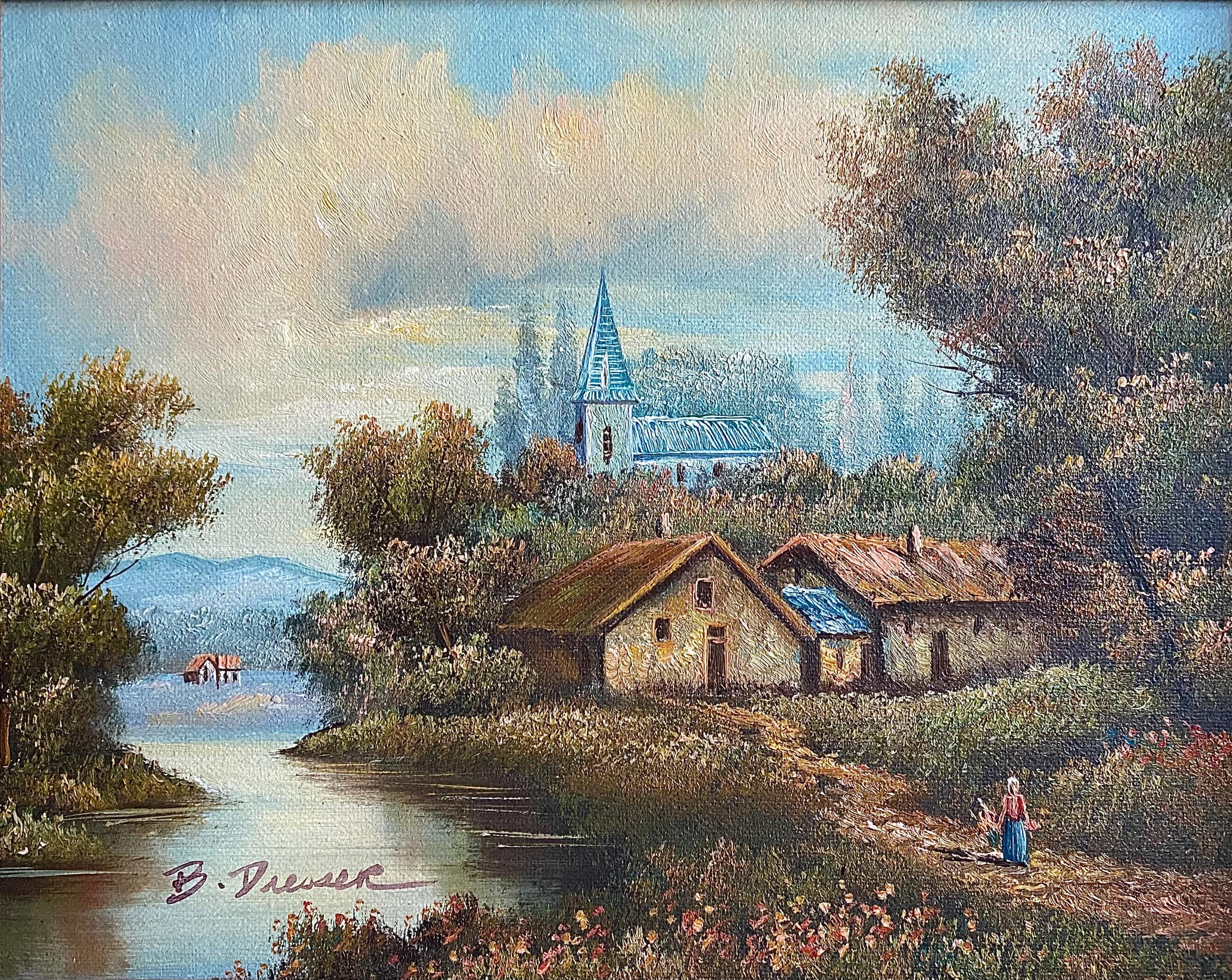 Vintage Signed Oil Painting – Rustic Cottage Landscape, Custom Wood ...