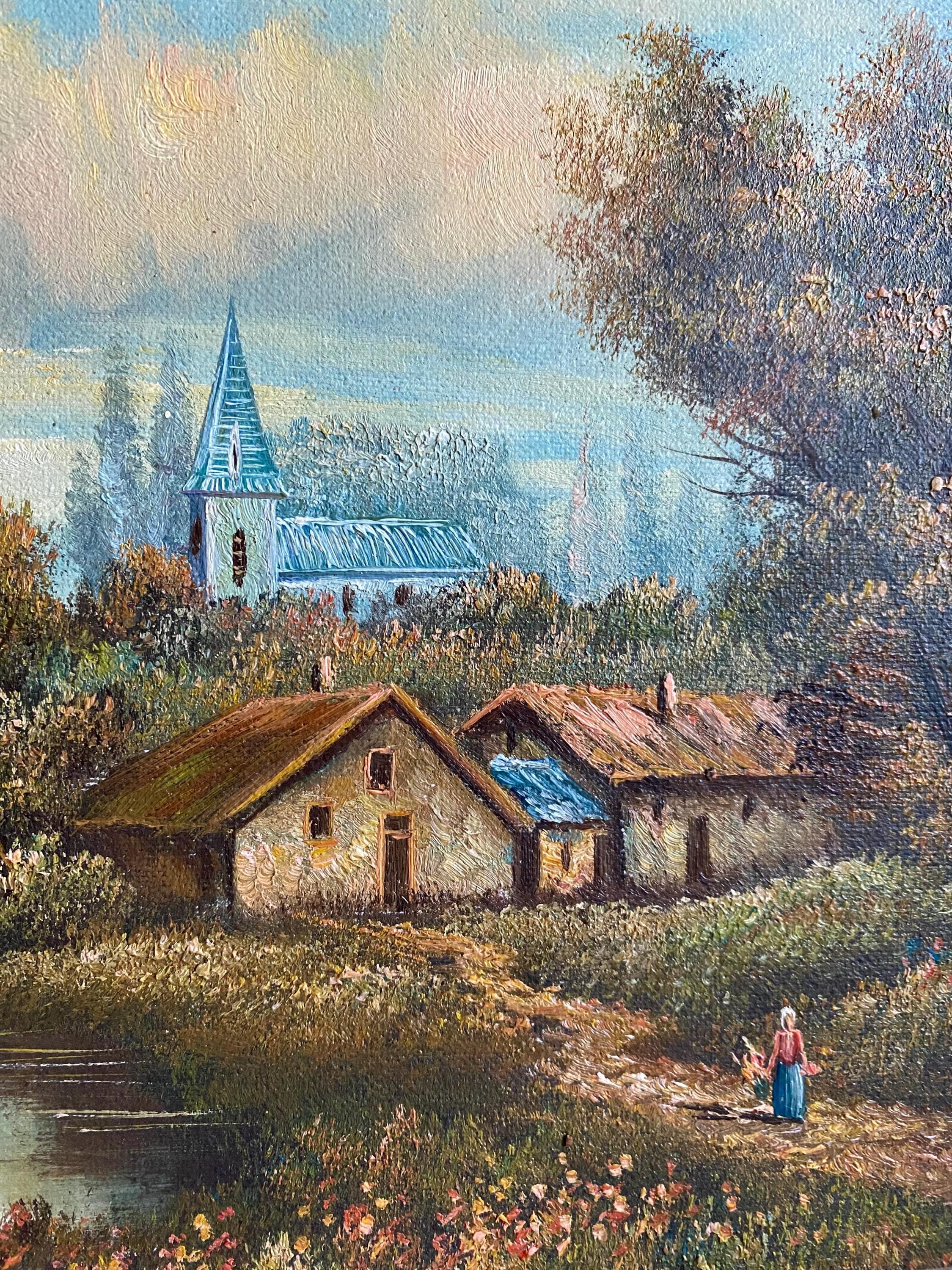 Vintage Signed Oil Painting – Rustic Cottage Landscape, Custom Wood ...