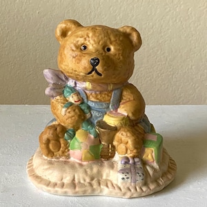 Vintage Hand Painted Ceramic Boy Bear Figurine – Pastel Toy-Themed Nursery Decor - Baby Shower Gift - Ceramic Teddy Bear