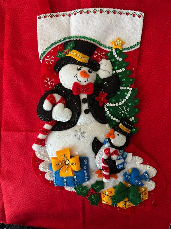 A finished Bucilli Christmas "Dapper Snowman"