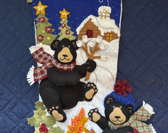 This is a finished Bucilla "Black Bear Bonfire"