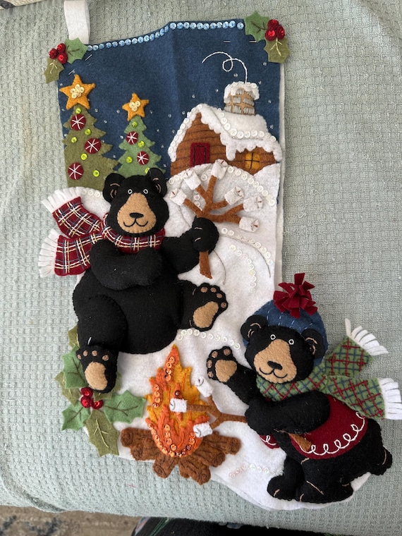 This is an 18" Bucilla "Black Bear Bonfire" Christmas stocking