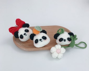 Crochet Keychain/Ornament/Brooch_Cute Pandas_ Crochet Bowknot/Orange/Bamboo
