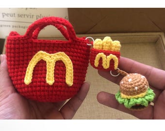 かぎ針編みのメンズバッグ/スマホケース、ハンバーガーとフライド