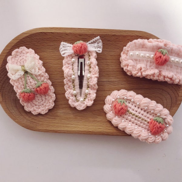 Crochet/Handmade Hair Clips/Hairpin -Pink Strawberries -Gifts to Kids/Girls