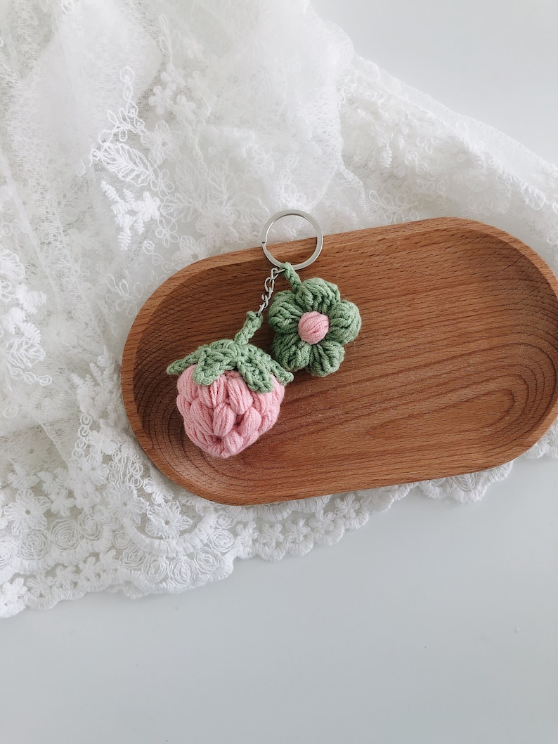 Crochet Keychain Strawberry and Flower Handmade pink - steel ring