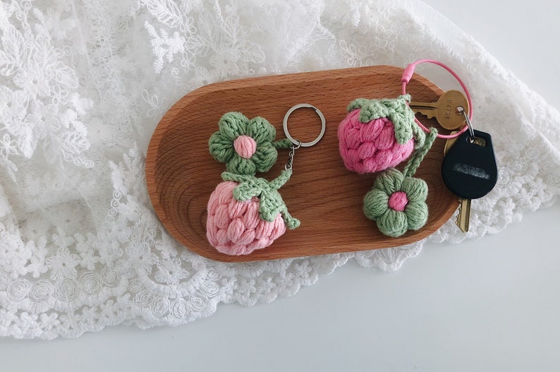 Crochet Keychain Strawberry and Flower Handmade image 1