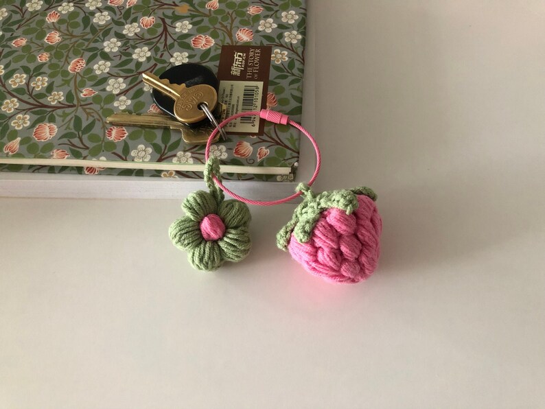 Crochet Keychain Strawberry and Flower Handmade rose - big keychain