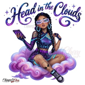 May include: Digital illustration of a woman with dark hair and skin, wearing futuristic glasses and clothing, sitting on a purple cloud. The text "Head in the Clouds" is above her. She holds a tablet and has an alien tattoo on her leg.