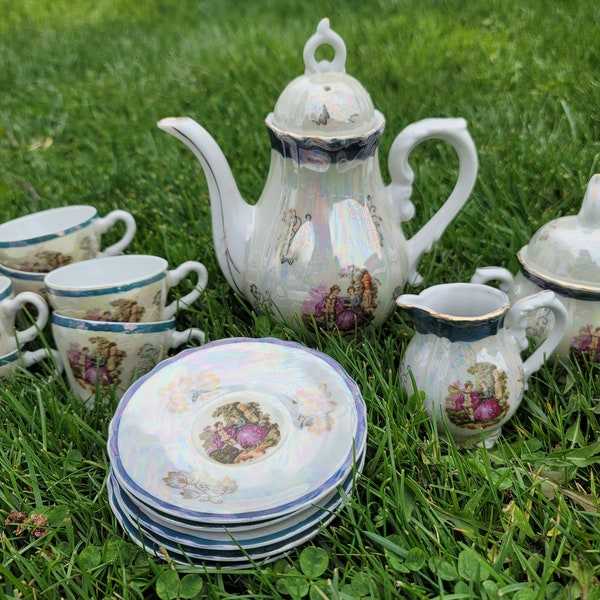 vintage lustreware tea set, tea set for 6, whimsical irridescent picnic set, children's tea set, pretty dinnerware, colorful ecclectic