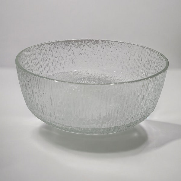 vintage Indiana glass crystal ice pattern serving bowl, mcm glassware, mcm dinnerware, clear glass textured serving dish, heavy glass bowl