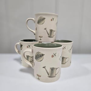 pfaltzgraff set of 4 coffee mugs, garden botanical theme mugs, ceramic tea mugs, gift for gardener, pfaltzgraff naturewood cream and tan mug