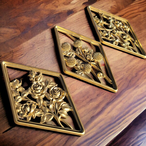 Set of 3 vintage syroco wall plaques, mcm wall hanging, 1970s wall decor, floral art, gallery wall