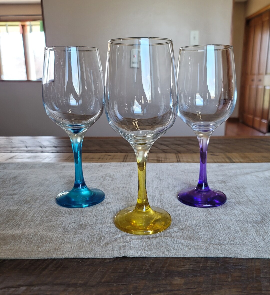 Set of 3 Colored Long Stem Wine Glasses, Pretty Wine Glasses, Colorful Barware, Bright Stemware