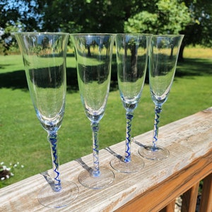 Set of 4 vintage champagne flutes, retro cordial glasses, unique glassware, blue ribbon stem, swirl stem, long stem glasses