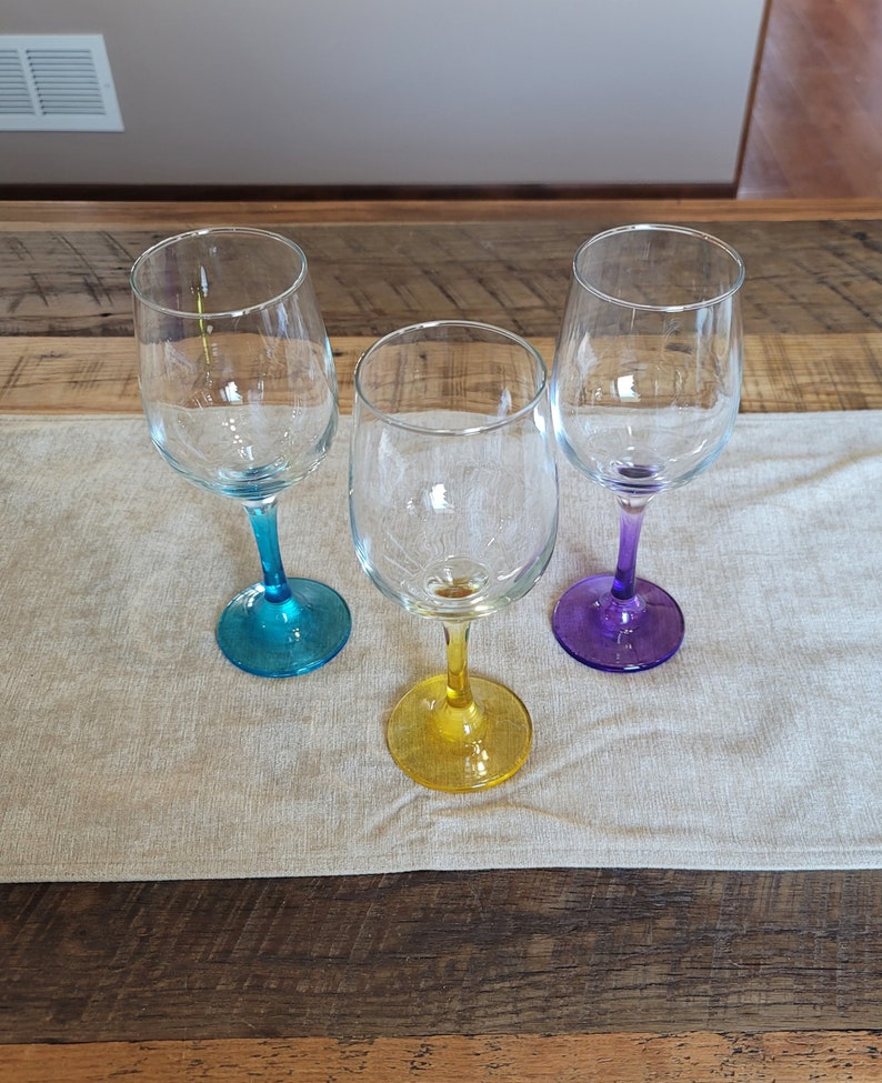 Set of 3 Colored Long Stem Wine Glasses, Pretty Wine Glasses, Colorful Barware, Bright Stemware