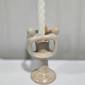 Vintage Speckstein Kerzenhalter, handgeschnitzte Steinfigur, Spitzkerzenhalter, Familie mit 3 Speckstein Skulptur, Einweihungsparty Geschenk