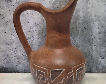 Vintage Aztec style pitcher vase, vtg handmade Mexican pitcher, indoor terracotta planter