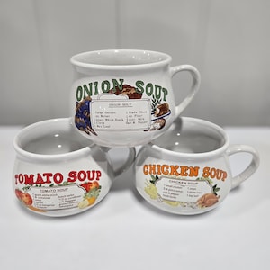 Vintage soup mugs, chicken soup, tomato soup, onion soup, mcm kitchen decor, 1970s serving bowls, vtg dinnerware, recipe bowls