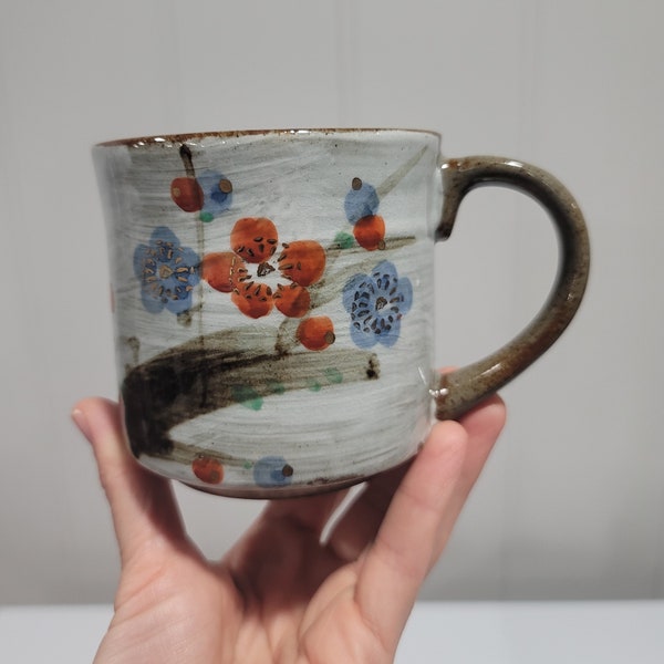 vintage floral coffee mug, studio pottery mug, flower cup, vtg tea cup, pretty glassware