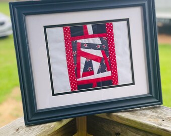 Gee’s Bend “Patriotic” Cotton Fiber Art, Navy Blue Frame, 11x14