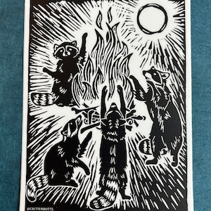 Raccoon Bonfire Vinyl Sticker - weatherproof and waterproof, trash creatures