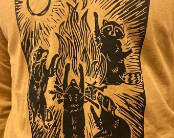 Raccoon bonfire Long Sleeve T-shirt - 100% cotton, screenprinted in our shop, we love trash creatures