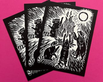 Raccoon Bonefire Dance - Postcard, 100% recycled, trash friends, spooky, moonlight, fire, feral