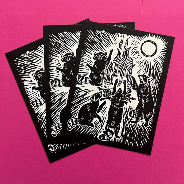 Raccoon Bonefire Dance - Postcard, 100% recycled, trash friends, spooky, moonlight, fire, feral