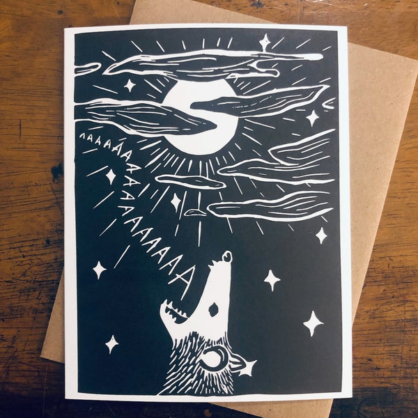 Screaming at the Moon - possum greeting card, 100% recycled, opossum, spooky moonlight sky