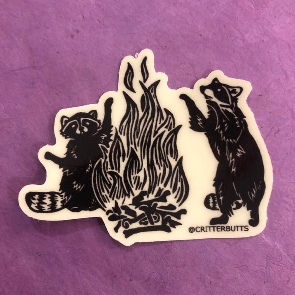 Fire Raccoons GLOW in the DARK Vinyl Sticker - weatherproof and waterproof, trash kitty bonfire