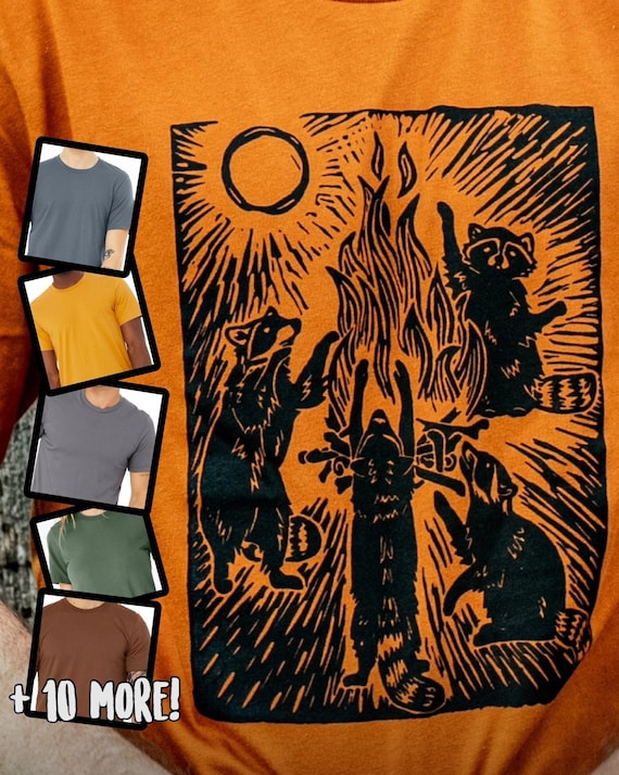 Raccoon bonfire T-shirt - screenprinted in our shop, we love trash creatures - 16 colors available