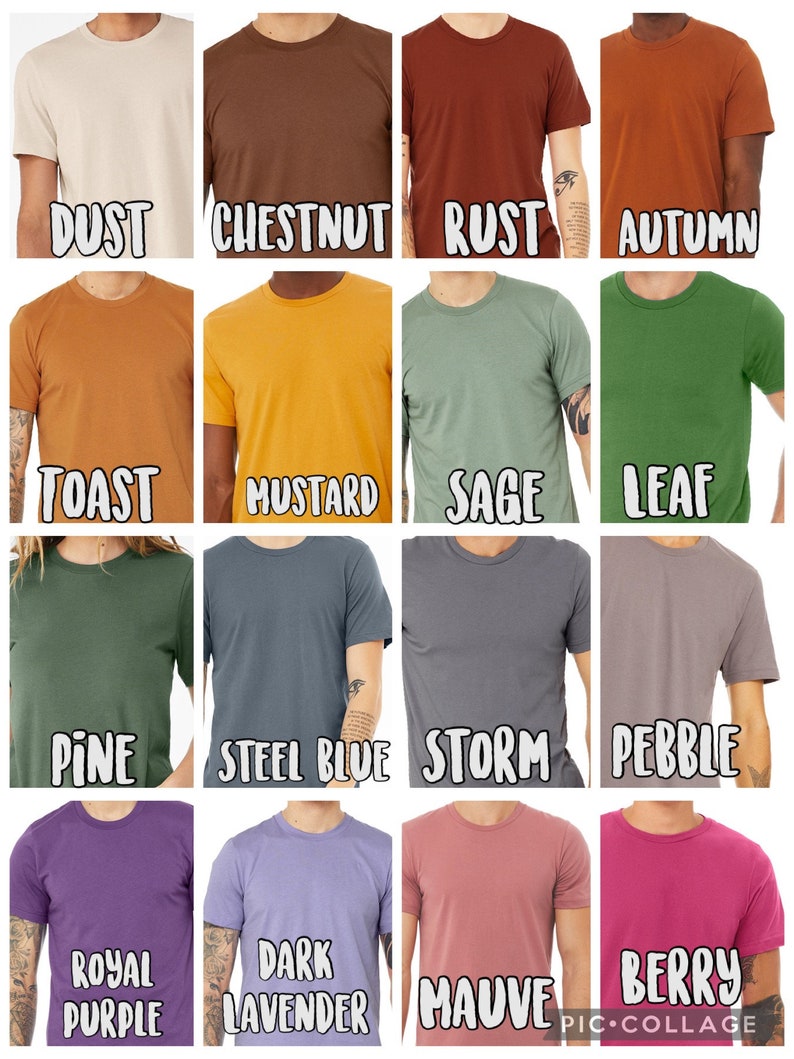 Pu&ograve; includere: Un collage di 12 magliette di diversi colori, ognuna con un nome di colore diverso stampato sotto. I colori includono: Polvere, Castagna, Ruggine, Autunno, Toast, Senape, Salvia, Foglia, Pino, Blu acciaio, Tempesta, Ciottolo, Viola reale, Lavanda scuro, Malva e Fragola.